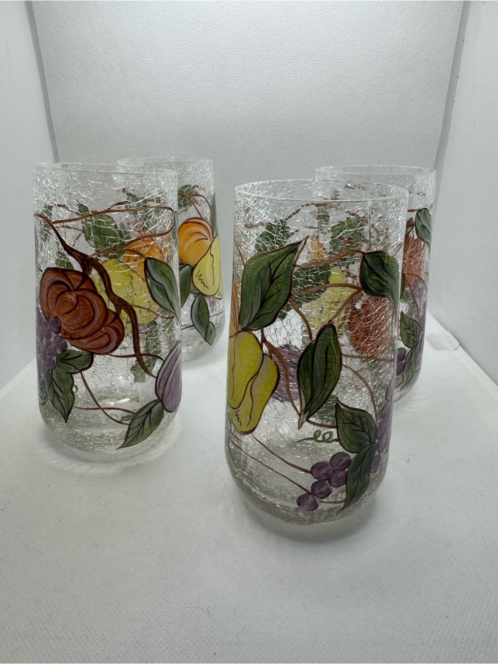 American Atelier Pompeii Fruit crackle glass tumblers 4 mouthblown hand painted